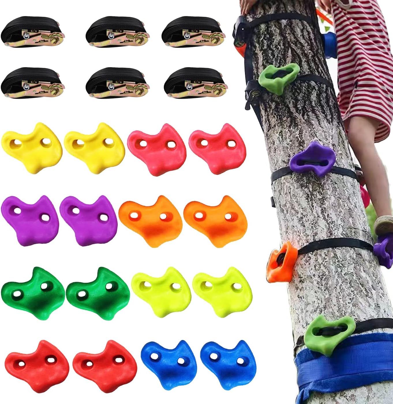 KINSPORY 16PC Tree Climbing Holds and 6pc Tree Ratchet Straps Climber Kit, Oversized Pig Nose Climb Rock Holds Kit for Outdoor Ninja Warrior Obstacle Course Training