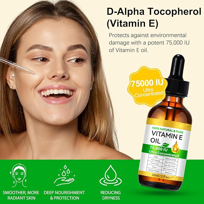 2 Pack Pure Vitamin E Oil, 75,000 IU Ultra Concentrated & Natural for Stretch Mark/Scars Treatment, Smoothing & Moisturizing Skin & Hair & Cuticles, Cold Pressed/Hexane Free/Non-GMO, 60ML/2Fl Oz