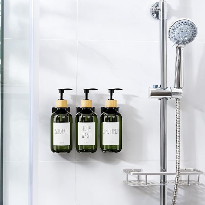 VITVITI Shampoo and Conditioner Dispenser, Body Wash Shower Soap Dispenser Wall Mounted 3 Chamber, Drill Free 17oz Plastic Shower Bottles for Bathroom, Dark Green 3 Sets
