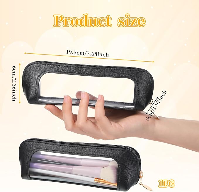 Lusofie Small Clear Makeup Brushes Bag, PU Leather Makeup Brush Bag, Portable Clear Make-up Brush Pouch with Zipper, Multi-use Cosmetic Organizer Bags for Women(Black)