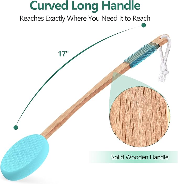 Lotion Applicator With 4 Replaceable Pads for Back, Self, Elderly, Women - Sunscreen and Cream Applicator With 17" Curved Handle for Easy Targeting of Back and Feet, Blue