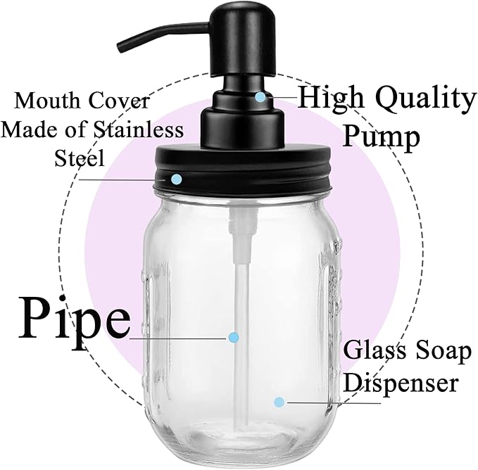 2-Pack Mason Jar Soap Dispenser - 16 oz Thick Clear Glass Soap Dispenser with Rust Proof Stainless Steel Pump and Lid for Liquid/Dish Soap/Lotion, Refillable Dispensers for Kitchen Bathroom Countertop