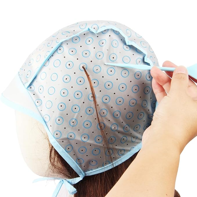 Hair Highlighting Cap, Blue Hair Coloring Frosting Dye Kit with Plastic Crochet Hook for Salon DIY Hair Dyeing Hairdressing