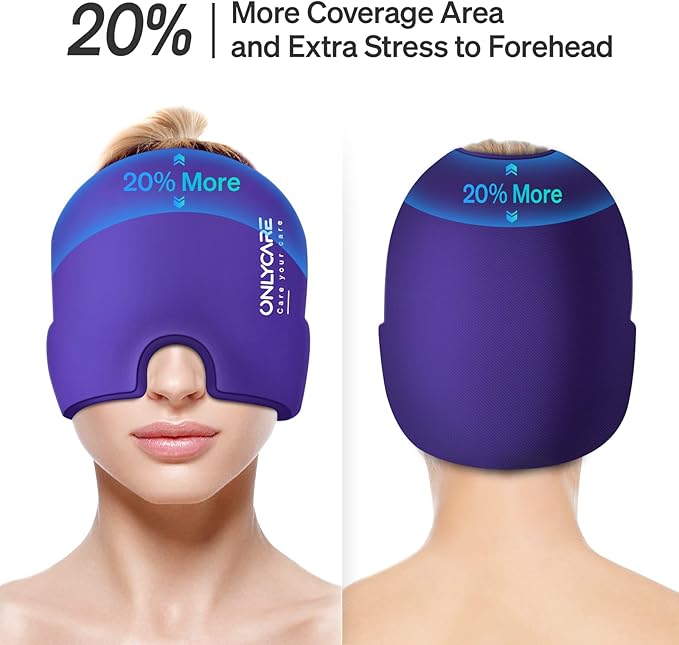 ONLYCARE Migraine Relief Cap, Soothing Headache Hat, Upgraded Odorless Gel Ice Head Wrap, Hot and Cold Therapy, Headache Ice Pack for Tension and Stress(Purple)