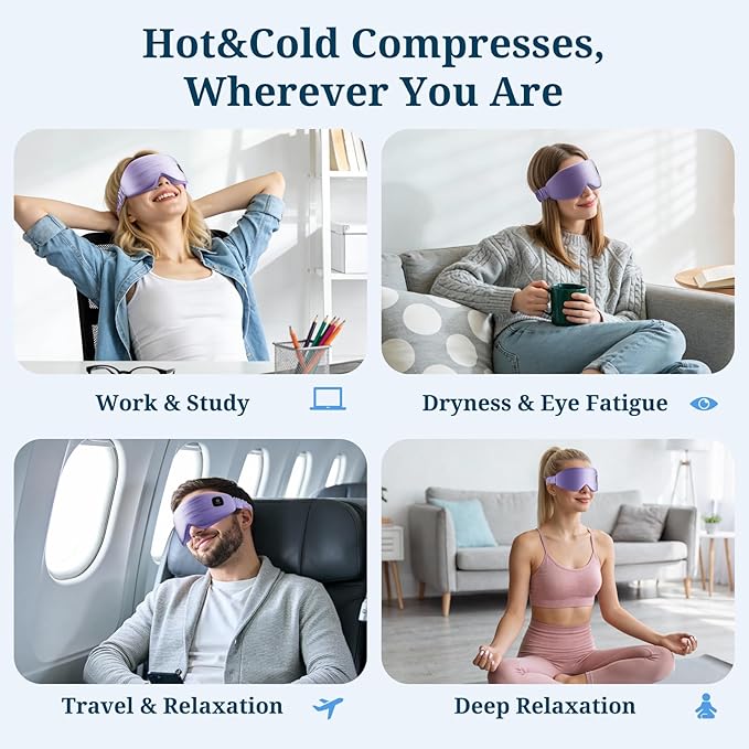 100% Silk Wireless Heated Eye Mask with Cooling - 3 Heat Settings, for Dry Eyes, Puffiness & Dark Circles - Adjustable, Washable, Travel-Friendly (Purple).