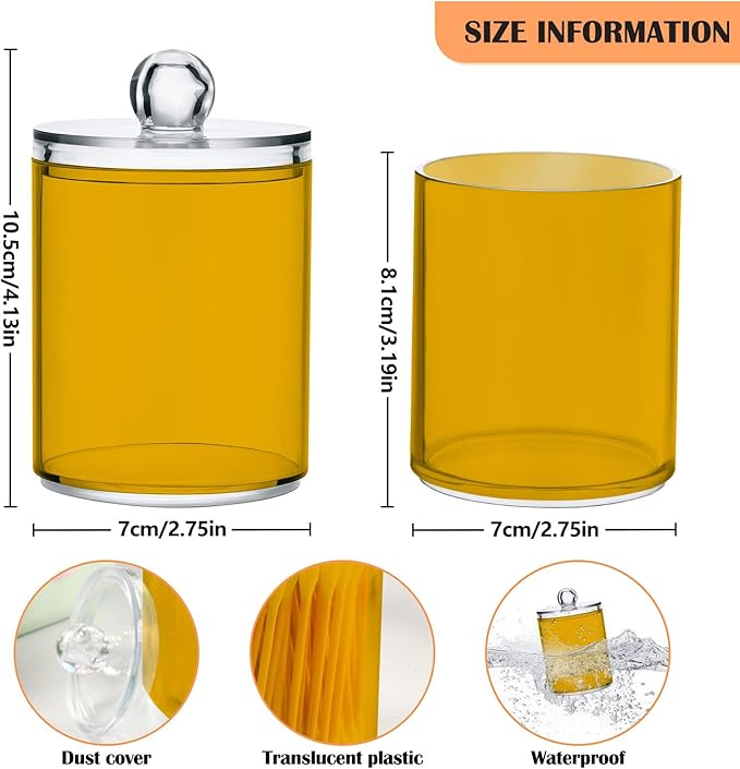 Mustard Yellow Qtip Holder Organizer Dispenser Cotton Swabs Cans Plastic Jars with Lid Set 4 Pack Bathroom Storage Canister for Cotton Ball Floss Cotton Pads