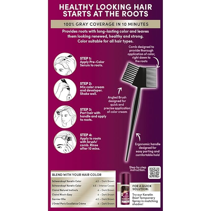 Schwarzkopf Keratin Root Permanent Hair Color Kit, 4.0 Dark Brown, 1-Application Root Touch-Up with Collagen & Vitamin B6, Complete Gray Coverage, Precision Brush, All Hair Types & Textures