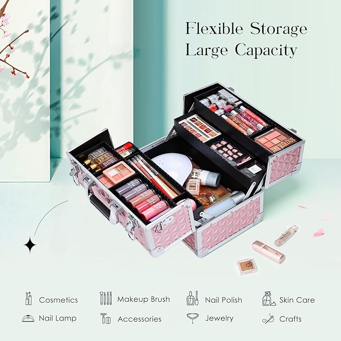 Joligrace Makeup Train Case Professional Cosmetic Organizer Aluminum Storage Box with 4 Adjustable Dividers Trays Lockable Portable with Shoulder Strap