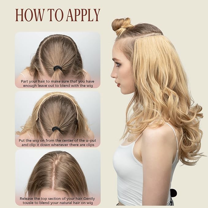 SARLA Clip in U Part Hair Extensions Synthetic Long Wavy Curly Thick Full Head Hairpiece for Women Medium Brown 24 Inch