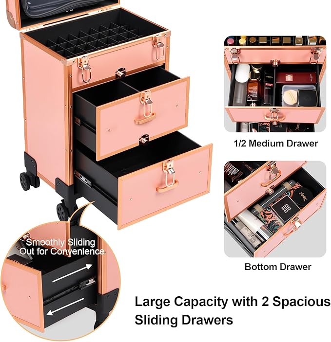 3 in 1 Rolling Makeup Case, Professional Cosmetology Case on Wheels, Detachable Clear Makeup Bag & Nail Polish Organizer, Portable Makeup Trolley with Drawers for Makeup Artists & Nail Technicians