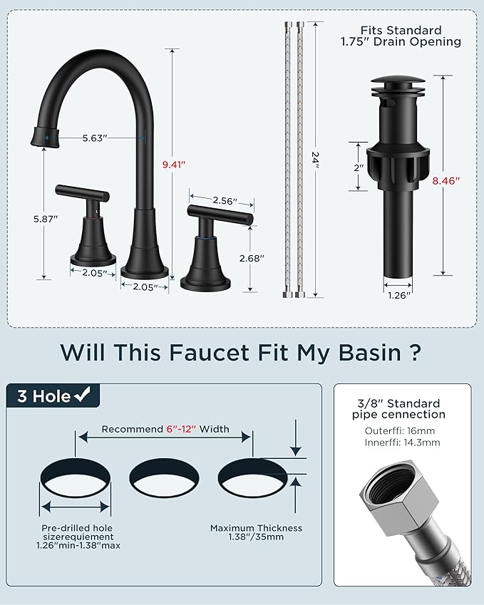FORIOUS Black Bathroom Faucet 3 Hole Vanity, 2 Handle 360° Swivel Matte Black 8 Inch Widespread Bathroom Sink Faucet 3 Holes, with 360 Degree Rotating Spout, Pop-up Drain, Supply Lines