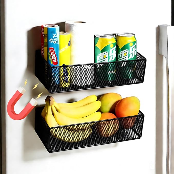 Magnetic Basket Organizer Holder for Fridge，Magnetic Shelf for Washing Machine， Magnetic Mesh Basket, Black Rectangular Steel Shelf Organizer, 10.43 x 4.92 x 3.15 Inches (Black , 1 pack)