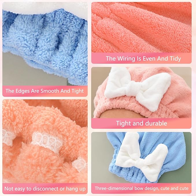 2 Pack Ultra Absorbent Hair Quick Drying Towel for Women, New Microfiber Hair Towel Wrap Dry Turban, Soft Bow Tie Plopping Head Towels Shower Cap for All Hair Style (Blue and Pink)