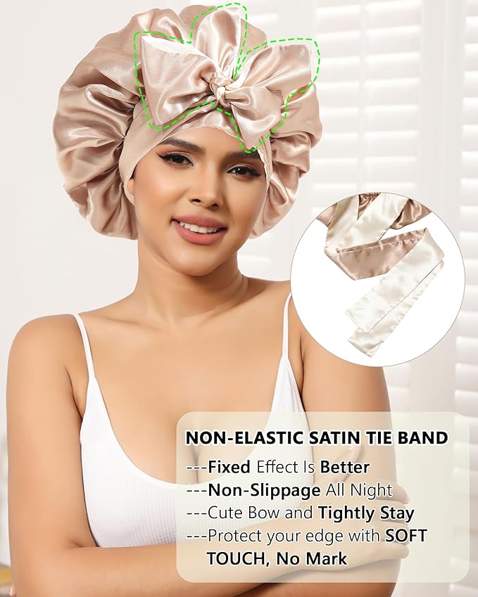 Satin Bonnet Silk Hair Wrap for Sleeping - Reversible Cap with Tie Band Night Cap Double Layer for Curly Hair (Coffee + Champagne)