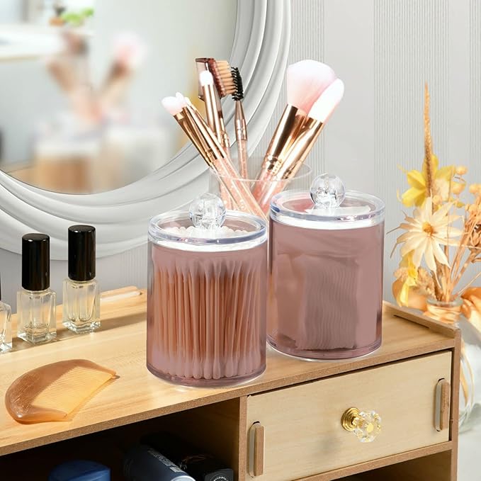 Rosy Brown Qtip Holder Organizer Dispenser Cotton Swabs Cans Plastic Jars with Lid Set 2 Pack Bathroom Storage Canister for Cotton Ball Floss Cotton Pads