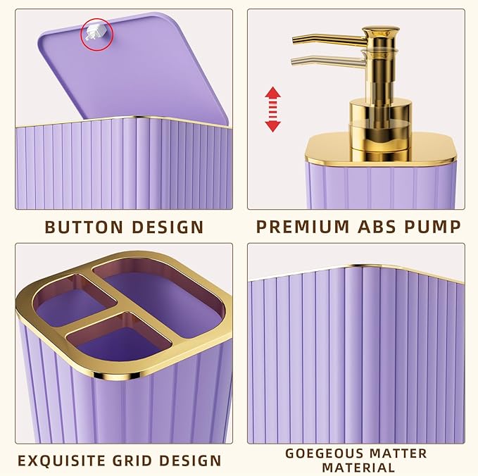 Bathroom Accessories Set - Gorgeous Bathroom Set, 10PC Purple Bathroom Accessory Set, Toilet Brush, Trash Can & Soap Dispenser