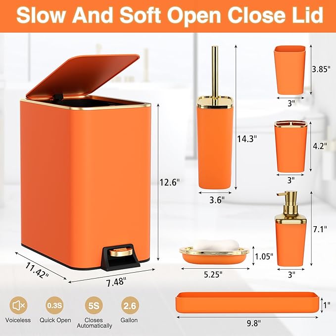 Bathroom Accessories 8 Piece Orange and Gold Bathroom Set, Bath Accessories with Stainless Steel Trash Can,Toilet Brush,Toothbrush Set,Soap Dispenser