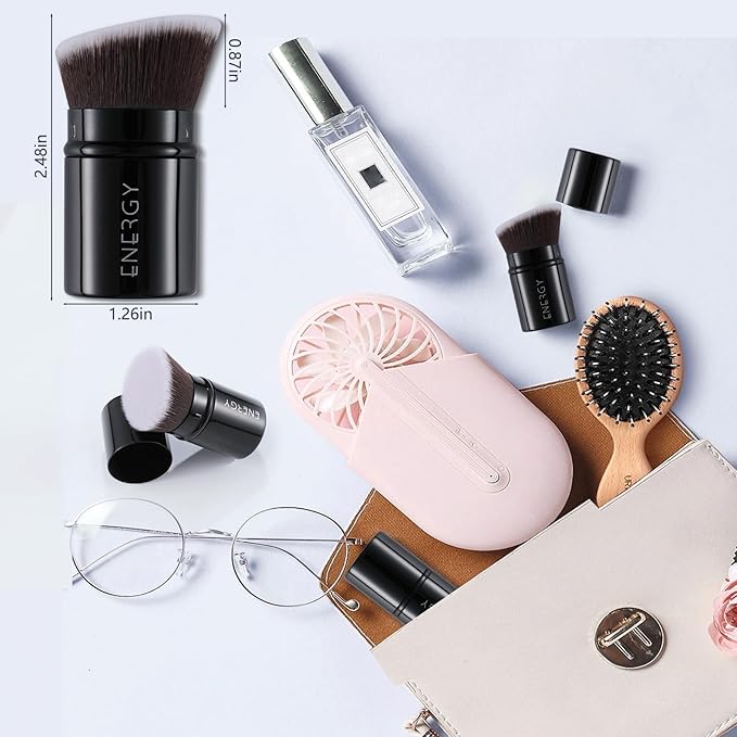 ENERGY Kabuki Foundation Brush Mini - Makeup Brush Retractable Travel for Liquid Loose Powder & Blush Buffing, Bronzer & Cream Blending, Angled Face Cosmetic Brushes Cruelty Free With Cover (Black)