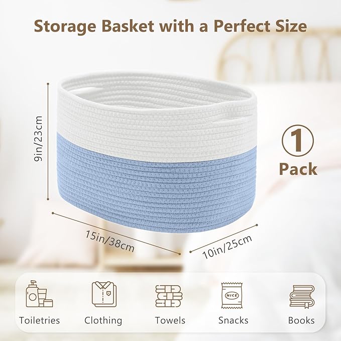 Cotton Rope Storage Basket, 15x10x9 Inches, Woven Basket for Shelves, Clothes, Towels, Books, and Laundry, White Blue (1 Pack)