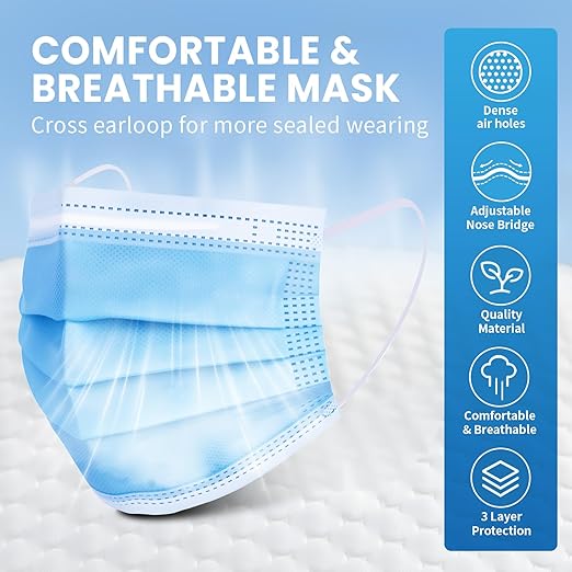 Borje Blue Disposable Face Mask 100 Pcs Blue Face Masks 3 Ply Protection Masks