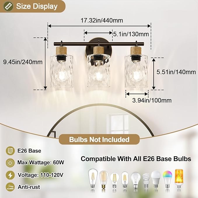 Bathroom Light Fixtures, 3-Light Coastal Vanity Lights with Crystal Glass Shade, Oil-Rubbed Bronze Bathroom Wall Lamp for Mirror Kitchen Hallway Cabinet