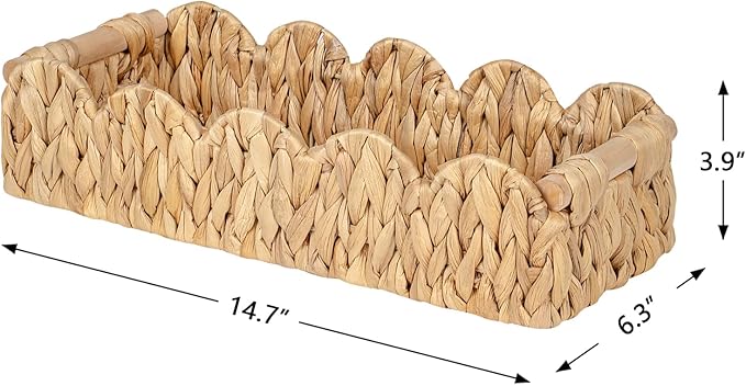 Wicker Bathroom Basket Tray Organizer w/Scalloped for Toilet Paper, Small Rattan Decorative Basket for Bathroom Decor, Farmhouse Home Decor, Living Room and More, Natural Water Hyacinth