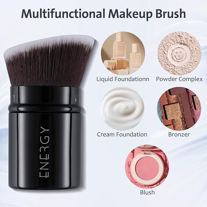 ENERGY Kabuki Foundation Brush Mini - Makeup Brush Retractable Travel for Liquid Loose Powder & Blush Buffing, Bronzer & Cream Blending, Angled Face Cosmetic Brushes Cruelty Free With Cover (Black)