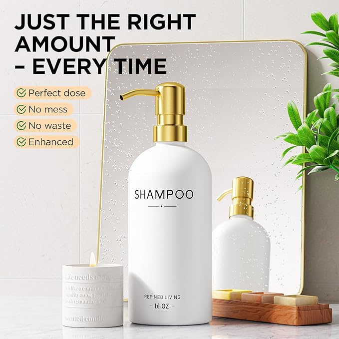 Shampoo and Conditioner Dispenser Set,3 Refillable 16oz Bottles with Stainless Steel Pumps – Shower Soap Dispensers for Bathroom, Hotel or Airbnb (Gold, 3-Pack)