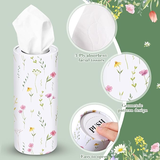 Outus 12 Pcs Floral Car Tissue Holder Cylinders with 3 Ply Facial Tissue Bulk, Portable Paper Dispenser for Cup Holder, Travel Bathroom Table Decor, Tissues Boxes Container for Home Office Party