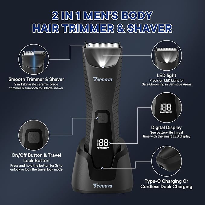 Pubic & Body Hair Trimmer for Men, 2 In 1 Electric Ball Groin Razor Shaver with Ceramic Blade, No Nick Mens Grooming Kit for Wet/Dry Use, Cordless Charging Body Groomer with Led Display, Black
