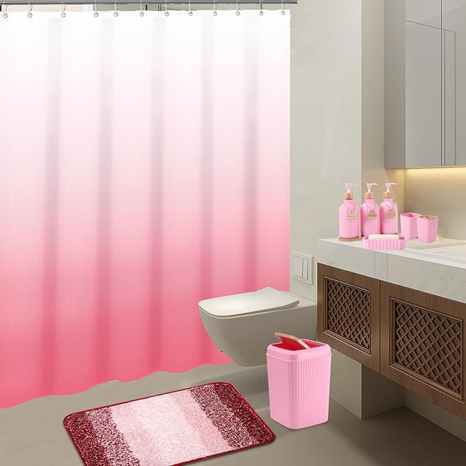 Bathroom Accessories,Bathroom Set with Shower Curtain,Rugs,Trash Can,Lotion Soap Dispenser,Toothbrush Holder,Soap Dish, Tags with Tray（Pink1 ），（Bath Set+Shower Curtain+Bath Rugs）