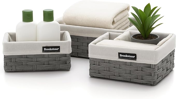 Brookstone Wicker Shelf Storage Basket Decorative Shelf Bin, bathroom organizers and storage, Boho Living Room Decor, Summer Storage 2025-3 Piece Set