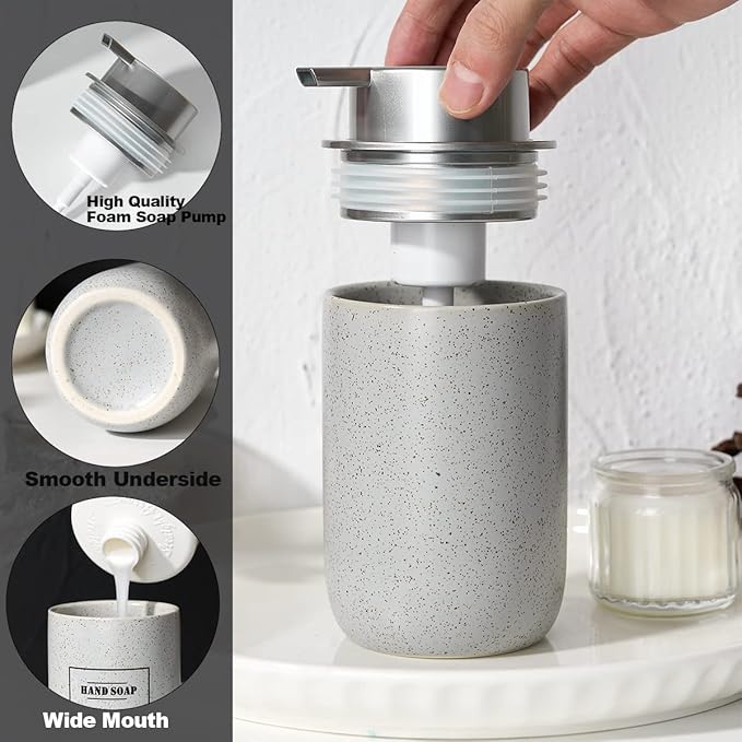 Gray Foaming Soap Dispenser,Ceramic Foam Dispenser with Silver Plastic Pump for Bathroom&Kitchen,12oz Refillable Foaming Dispenser