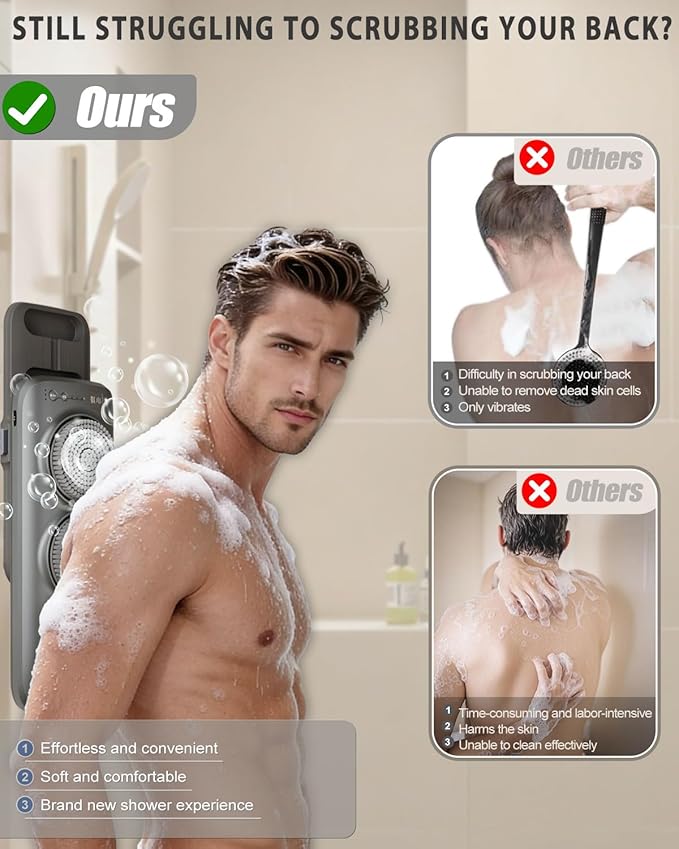 Electric Back Scrubber for Shower with 3 Motorized Brush Heads, Wall-Mounted Back Scrubber for Shower, Hands-Free Design, Easy to Install, for Elderly, Obese & Skin Care Enthusiasts