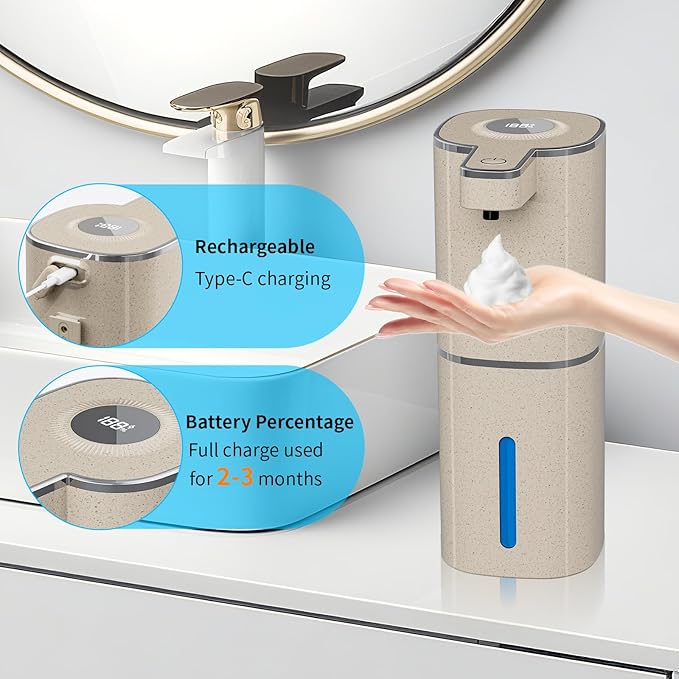 Automatic Foaming Soap Dispenser, Touchless Rechargeable Hand Soap Dispenser, 4 Adjustable Levels, 1200mAh Battery, Large Display, for Kitchen & Bathroom (Light Khaki, Foaming)