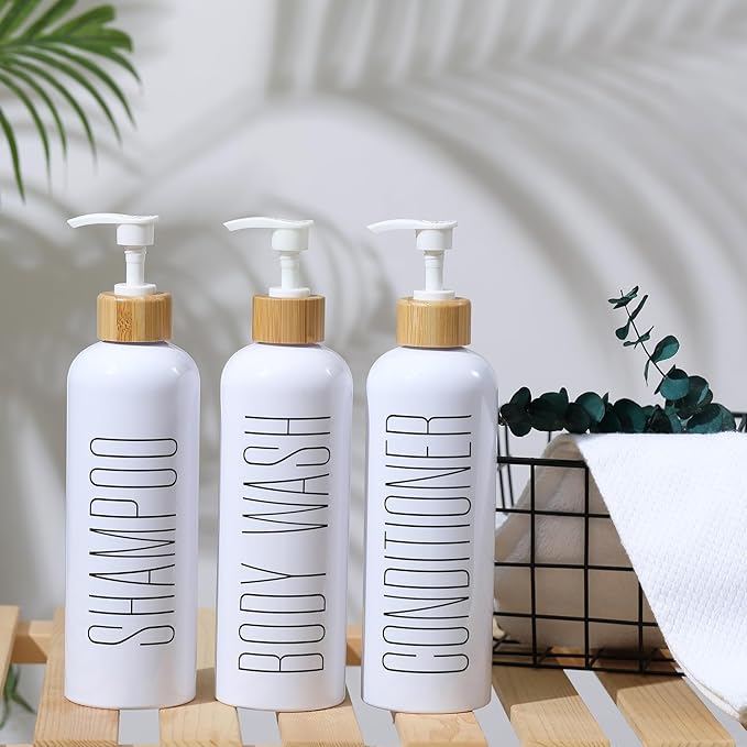 HOMCDALY Shampoo and Conditioner Dispenser, 16oz 3-Pack Refillable Shampoo and Conditioner Bottles, Empty Shampoo Bottles Refillable with Bamboo Pump, Bathroom Shower Shampoo Dispenser Set