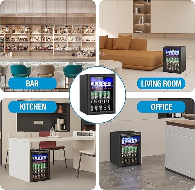 95 Can Freestanding Beverage Refrigerator, 2.6 Cu. Ft Drink Fridge with Clear View Door, Adjustable Shelves & Temperature Control, Quiet Compressor Small Refrigerator for Soda, Beer or Wine