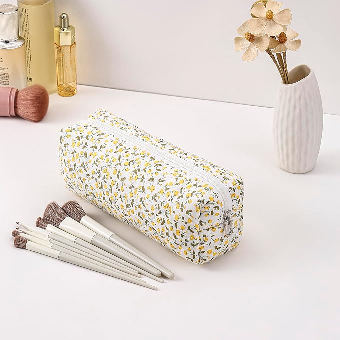 Cute Floral Makeup Brush Bag Small Cotton Quilted Cosmetic Bag for Women Travel Toiletry Zipper Make Up Pouch (Yellow Floral)