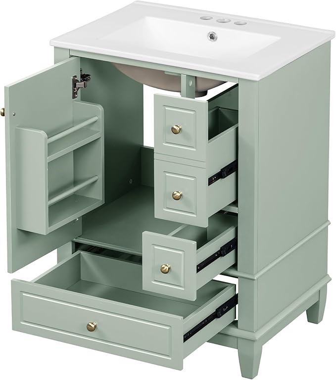Harper & Bright Designs 24" Bathroom Vanity with Sink, Free Standing Single Vanity Set with 3 Drawers and One Door with Storage Racks, Storage Cabinet with Ceramic Basin for Bathroom, Light Green