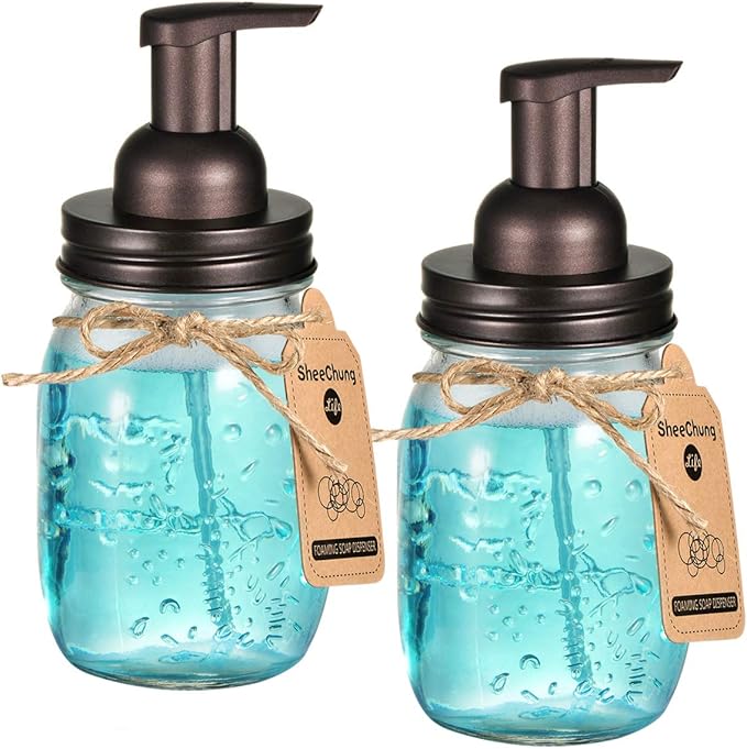 SheeChung 2 Pack Mason Jar Foaming Soap Dispenser Lids for Standard Mouth, Foaming Soap Dispenser Pump Replacement for Hand Sanitizer, Bath Liquid, Facial Cleansing Foam, Makeup Remover Water - Bronze