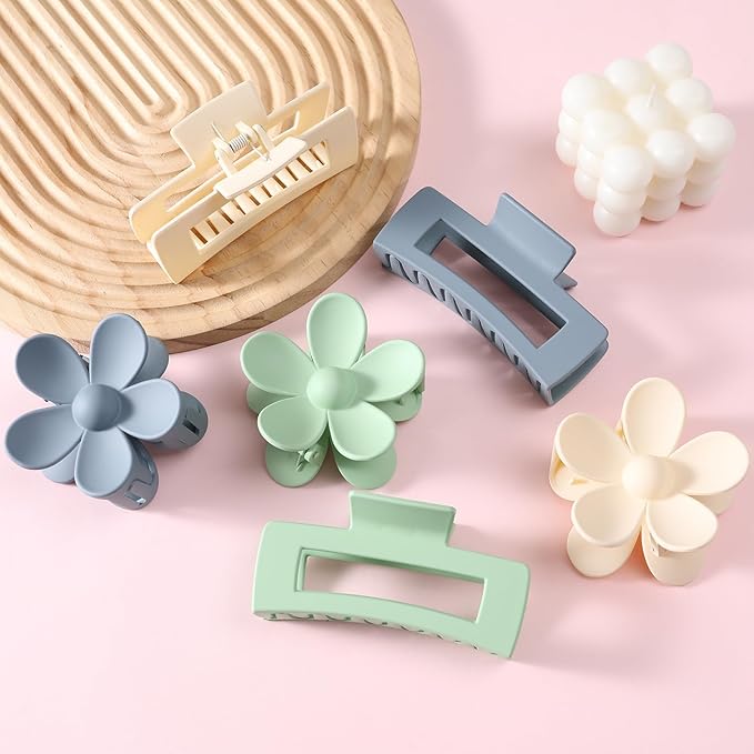 6 Pack Large Claw Clips for Women, Square & Flower Hair Clips for Thick Hair, Matte green & blue Colors