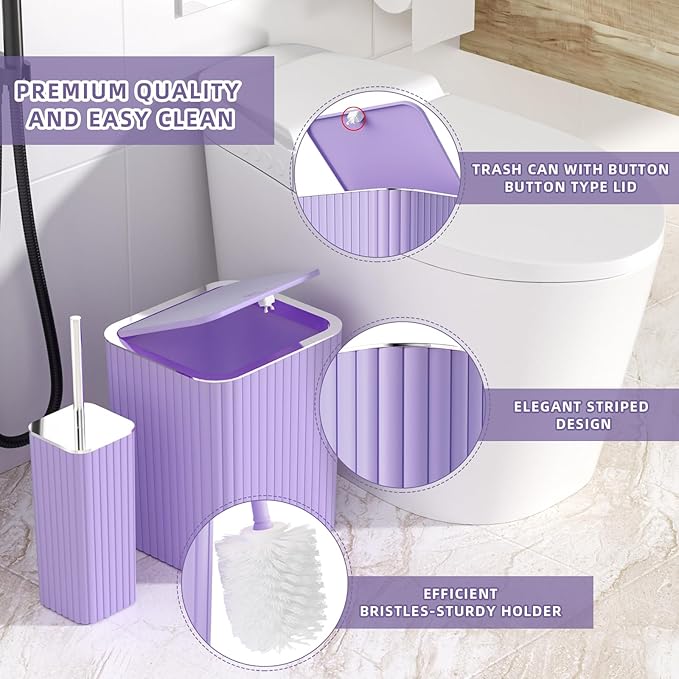 Bathroom Accessories Set - Gorgeous Purple Bathroom Set, 10PC Bathroom Accessory Set, Toilet Brush, Trash Can & Soap Dispenser