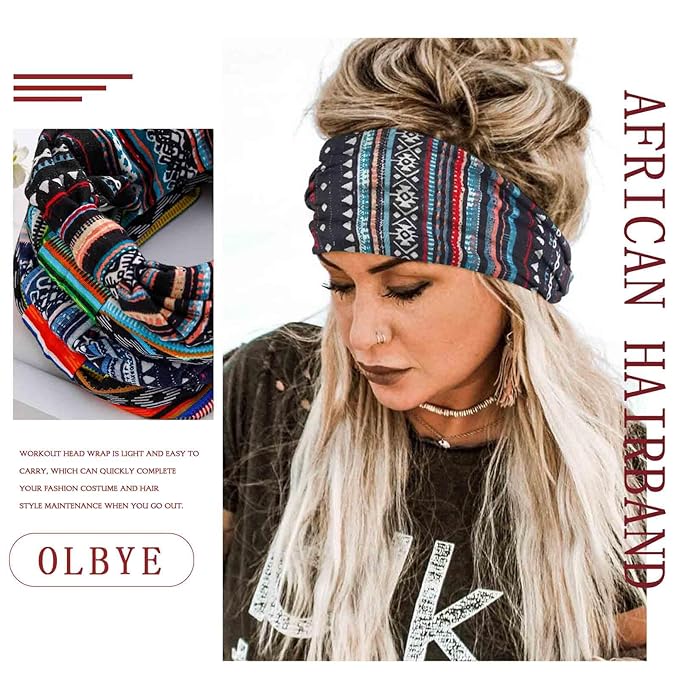 Olbye Wide Boho Headbands Floral Stretch Head Wraps Bohemian African Turban Hairbands Knotted Bandana Headband Yoga Running Head Scarfs Workout Hair Accessories for Women 4Pcs (Stylish, 9.4 * 5.9'')