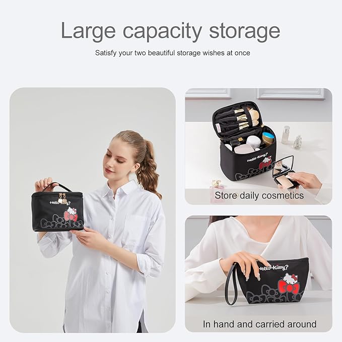 Vimanllie Travel Makeup Bag Large Cosmetic Bags with Brush Holder,Black Waterproof 2PCS Portable Cosmetic Case for Women,Toiletry Bag for Skincare&Beauty Tools for Her