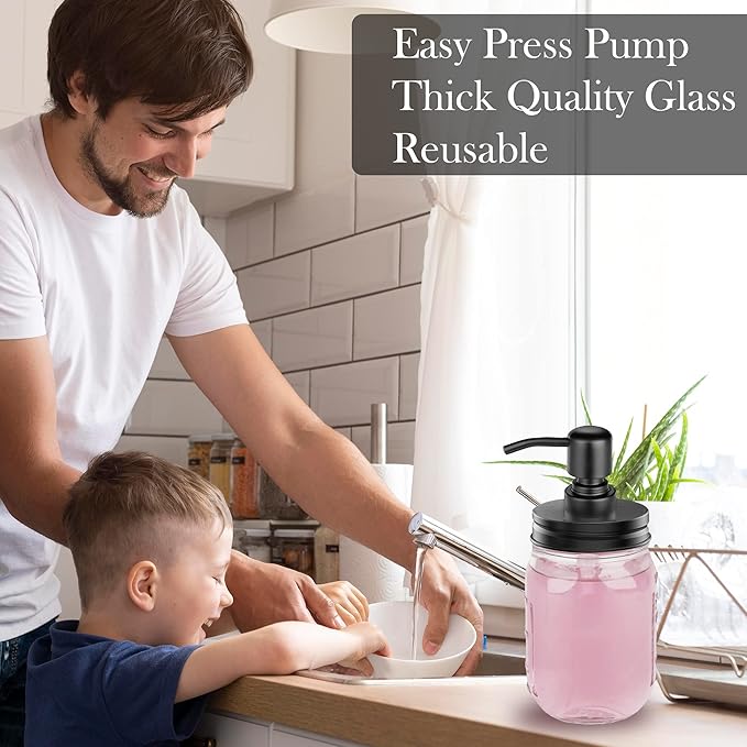 2-Pack Mason Jar Soap Dispenser - 16 oz Thick Clear Glass Soap Dispenser with Rust Proof Stainless Steel Pump and Lid for Liquid/Dish Soap/Lotion, Refillable Dispensers for Kitchen Bathroom Countertop