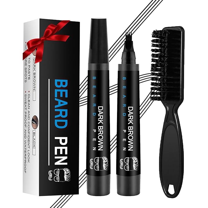 Beard Pencil Filler for Men Black - Beard Pen with Brush, Barber Pencil Smudge-proof & Water-proof Grooming Kit for Men Creating Natural Beard Color, Gifts for Men (Deep Black)