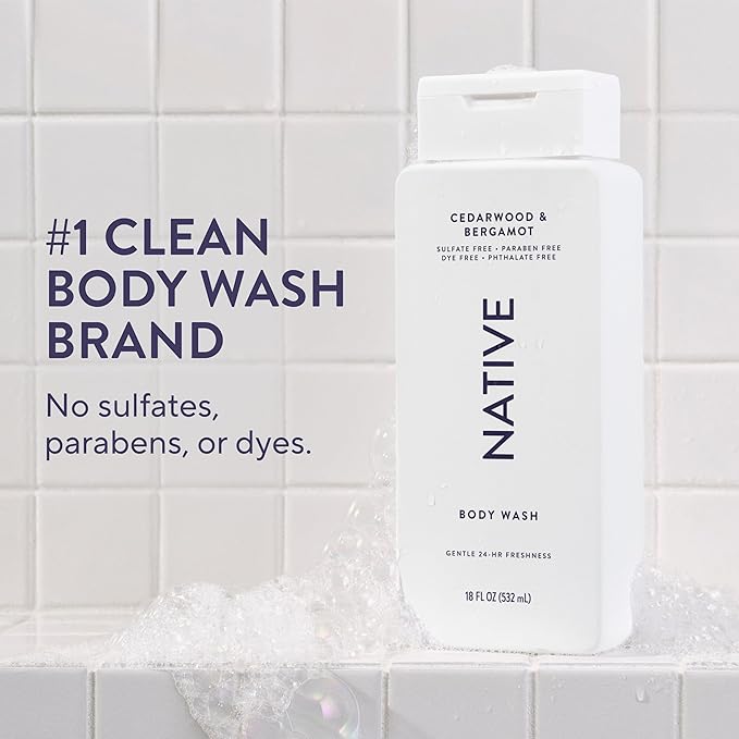 Native Body Wash Contains Naturally Derived Ingredients | For Women & Men, Sulfate, Paraben, & Dye Free Leaving Skin Soft and Hydrated | Cedarwood & Bergamot 18 oz