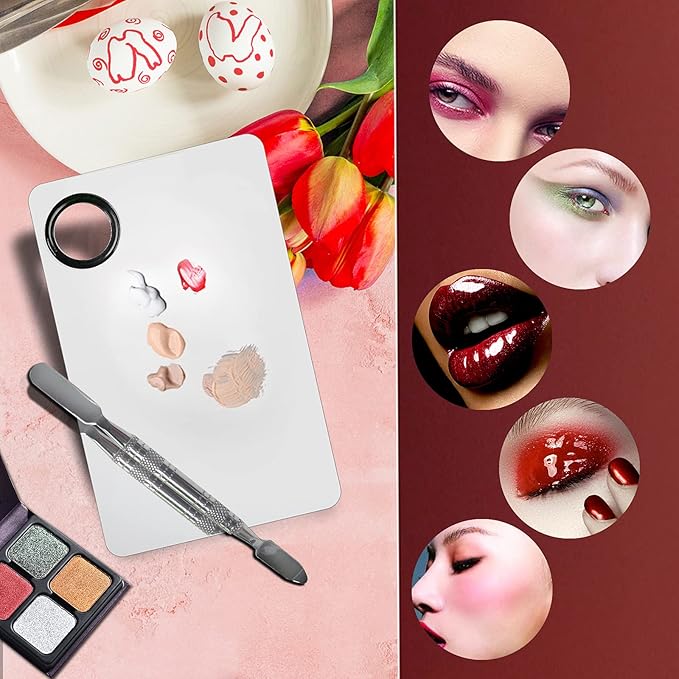 Stainless Steel Makeup Mixing Palette - 2Pcs, Includes Spatula, For Foundation/Eye Shadow/Mascara/Nail Polish/Pigment/Nail Art