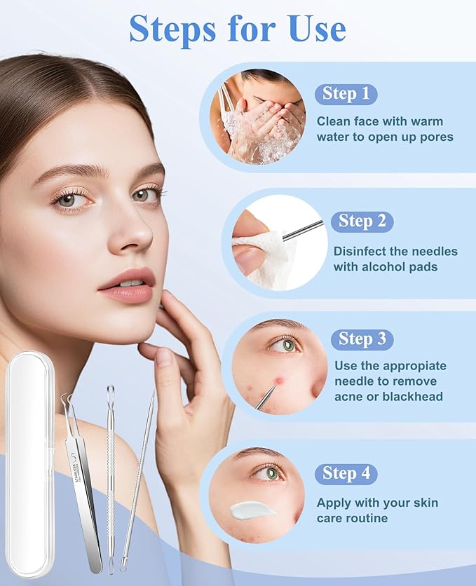 3PCS Pimple Extractor Acne Treatment Tool Professional Stainless Blackhead Comedone Removal Popper Tool for Face Nose Blackhead Extractor Tool (Silver)