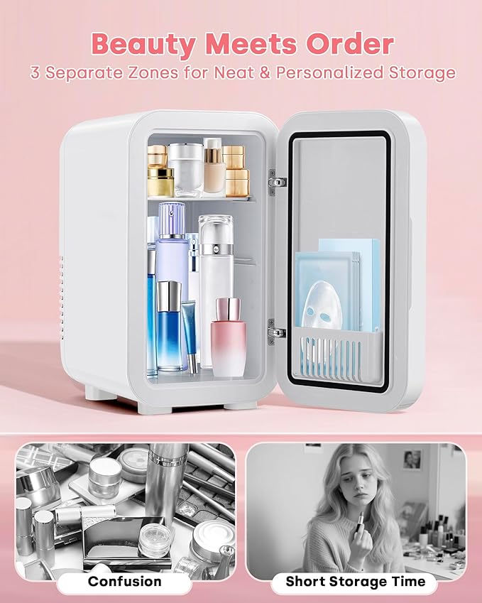 Enventor Mini Skincare Fridge Small Refrigerator for Bedroom, Beauty Fridge for Makeup with Dimmable LED Mirror, 6 L / 8 Cans Compact Portable Cooler for College Dorm, Office, Car, White